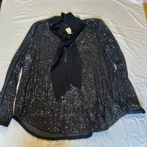 Ann Taylor Navy Sequin Blouse with Bow Accent - NWT - XL